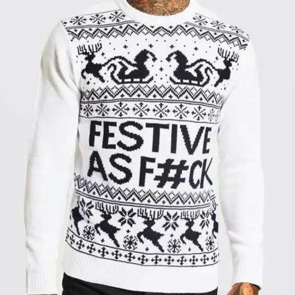 NWT Festive As F Christmas White Black Reindeer Sweater Size M| Holiday